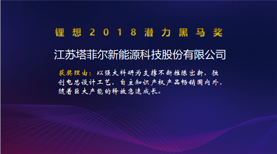 塔菲爾/國(guó)能電池/卡耐新能源/卓能新能源榮獲“鋰想2018潛力黑馬獎(jiǎng)”