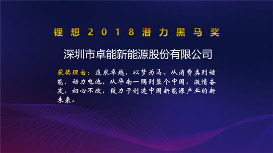 塔菲爾/國(guó)能電池/卡耐新能源/卓能新能源榮獲“鋰想2018潛力黑馬獎(jiǎng)”